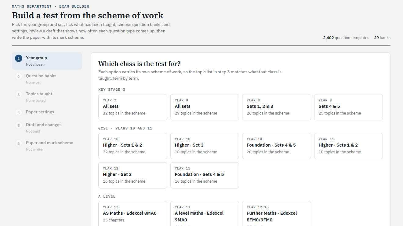 The DNEP Exam Builder: step 1, choosing the class the test is for